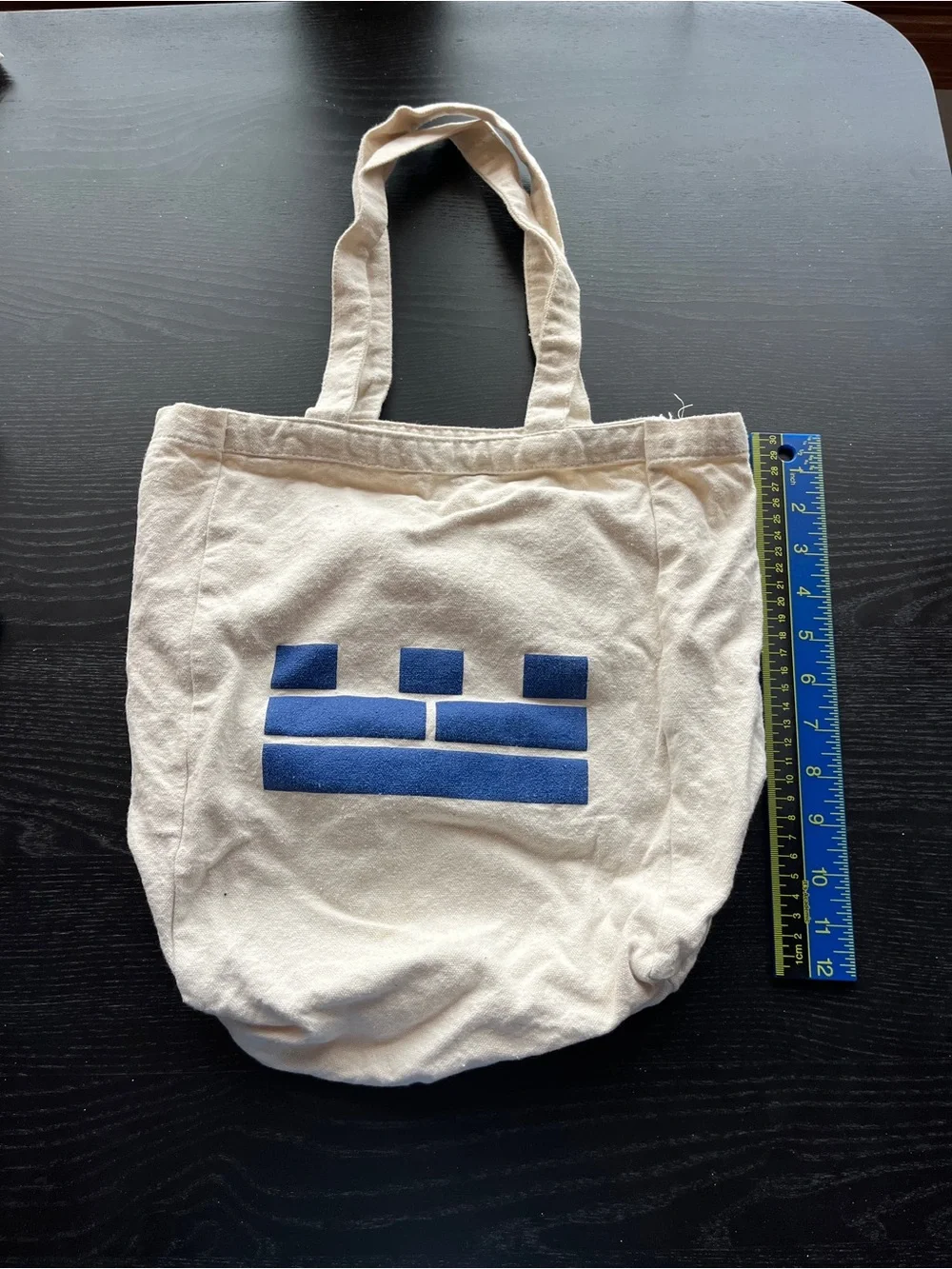 Natural Cotton Tote Bag Blue Geometric Graphic Print 12x12 Off-White Canvas